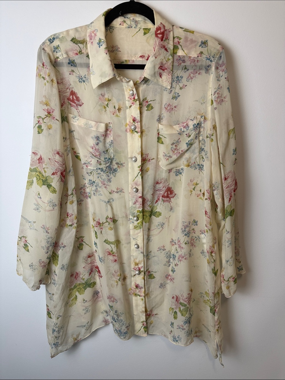 Raffinata 100% Silk Sheer Floral Longline Blouse Medium Made in Japan